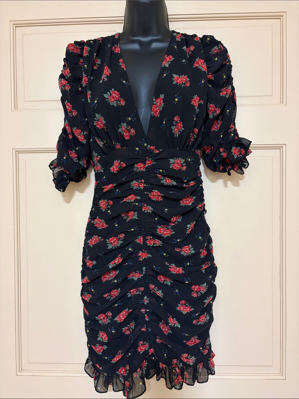 Zara Black Mini Dress with Red Floral Print